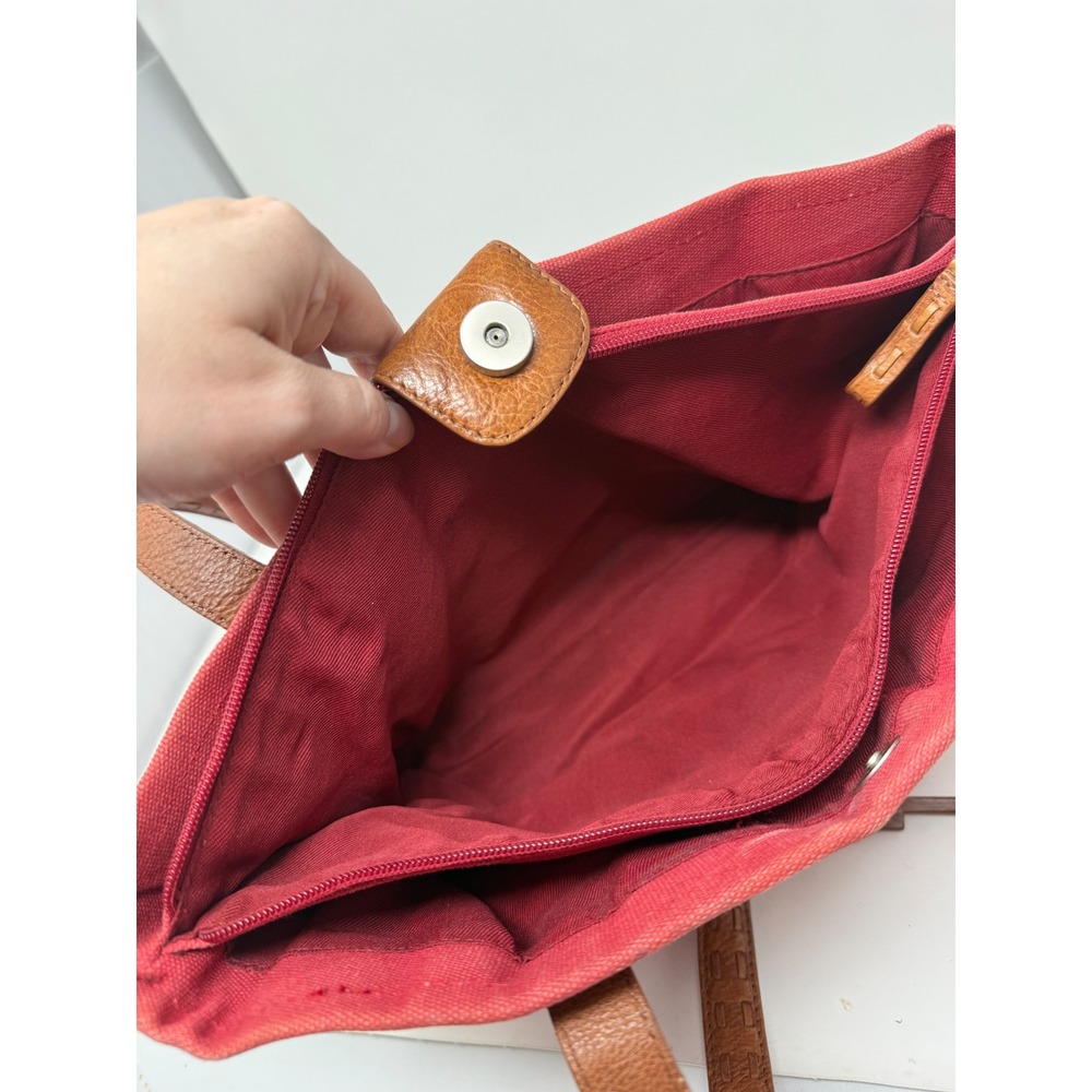 Fossil Red Canvas Brown Leather Trim Tote Shoulder Bag Whipstitch Key Charm - Picture 12 of 14